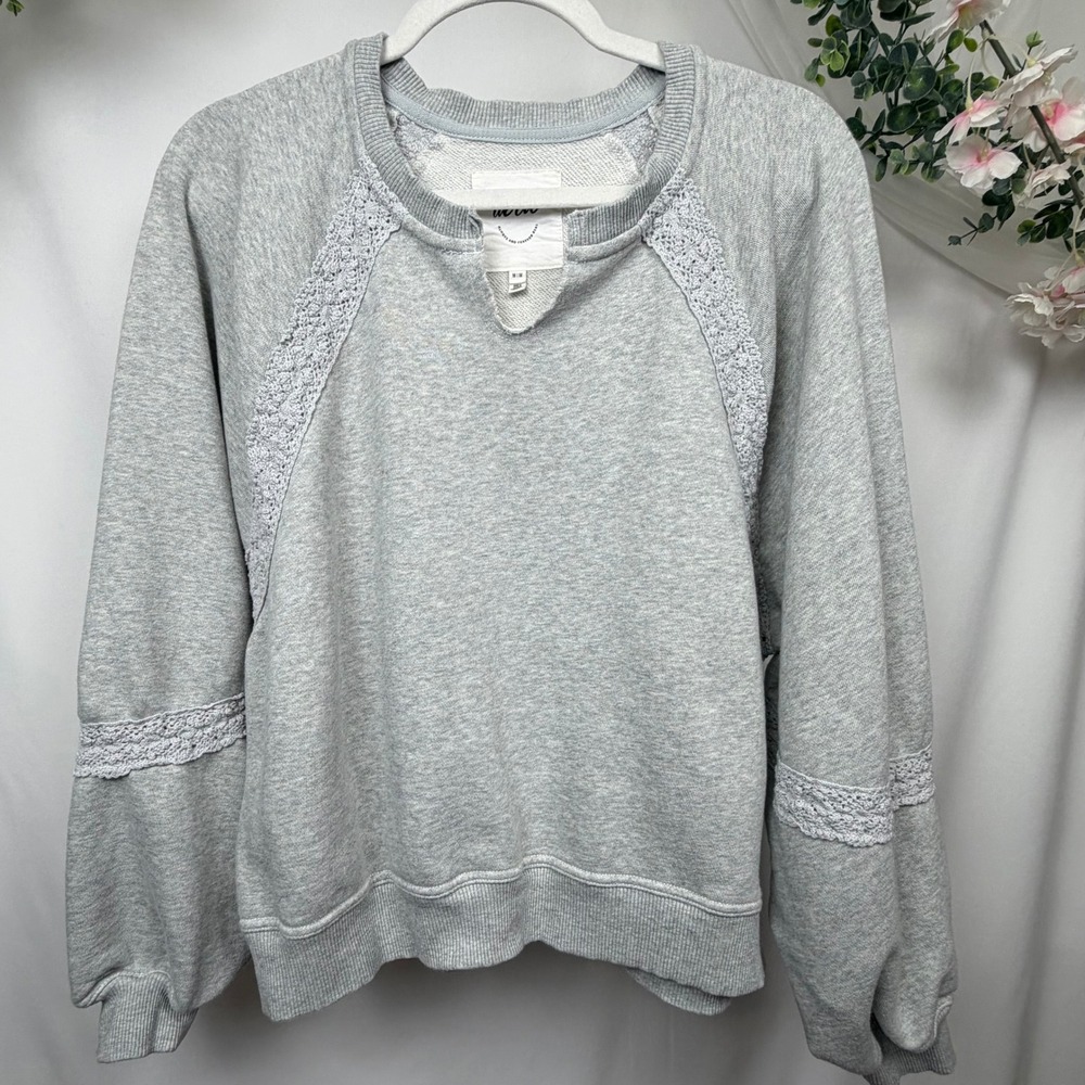 Aerie Real Womens Gray Lace Trim Raglan Sweatshirt Notched Neck Size M
